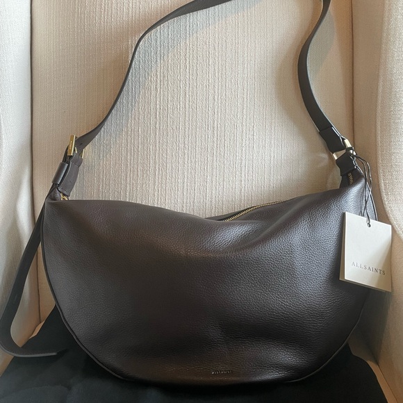 AllSaints Half Moon Leather Shoulder Bag in Bitter Brown - Picture 9 of 14